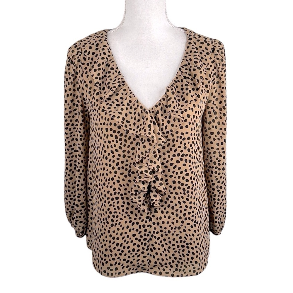 J. Crew Brown & Black Leopard Ruffle V-Neck Long Sleeve Top Size XS‎